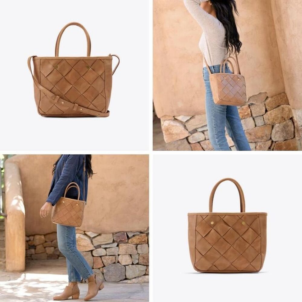 Boho Minimalist Nisolo Carry-All Handwoven Satchel in Almond Leather Woven Tote